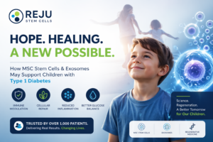 Child with hopeful expression alongside scientific visualization of stem cells and exosomes, representing regenerative therapy for type 1 diabetes in children