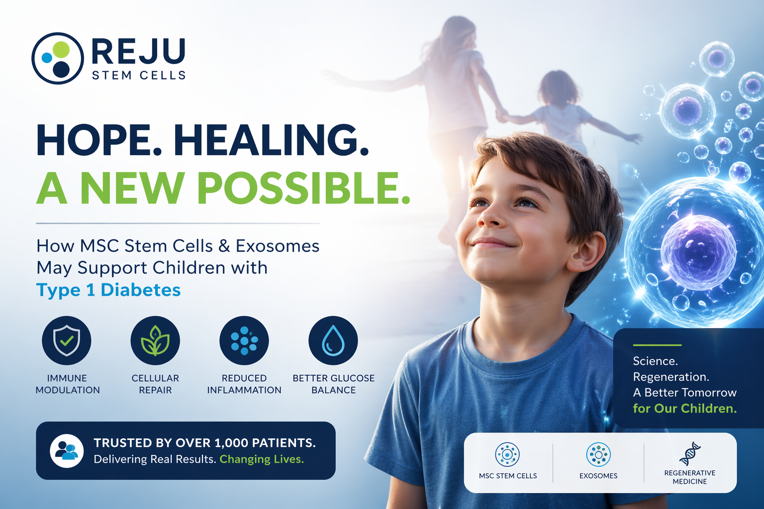 Child with hopeful expression alongside scientific visualization of stem cells and exosomes, representing regenerative therapy for type 1 diabetes in children